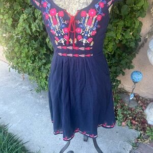 Anthropologie Floreat Navy Dress with Vibrant Embroidery